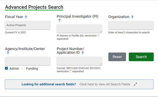 Advanced Projects Search fields from NIH RePORTER