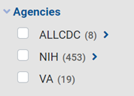 List of three agencies, ALLCDC, NIH, and VA, from the NIH RePORTER Filters list.