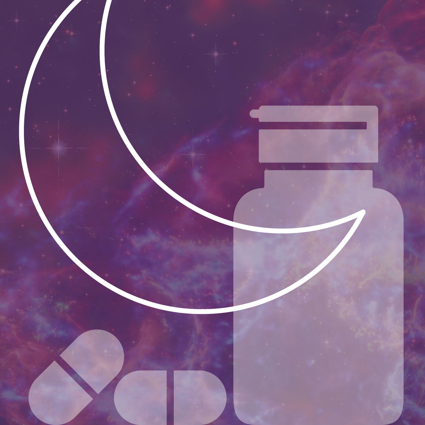 This image has a purple hue, with a crescent shaped moon. Along with a rectangular container in the bottom right and two pill capsules in the bottom left.  