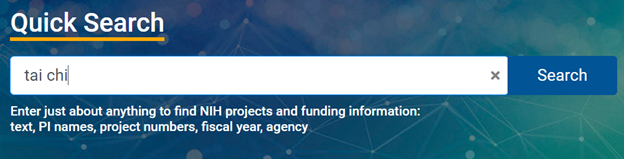 Photo of NIH RePORTER Quick Search box showing a search for "tai chi."