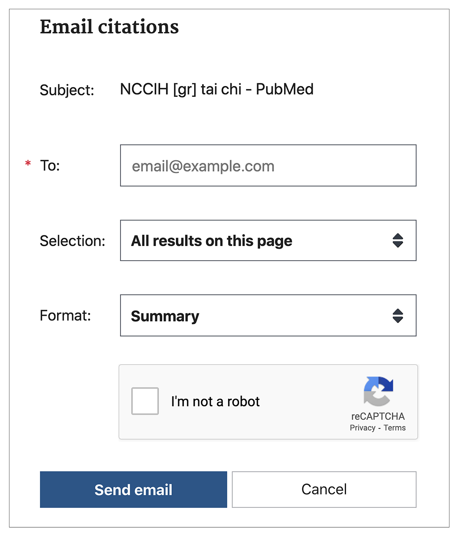 Popup from PubMed for emailing citations