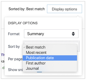 Image of PubMed search with echinacea in the search bar. The words Sorted by: Best Match Display Options are circled.