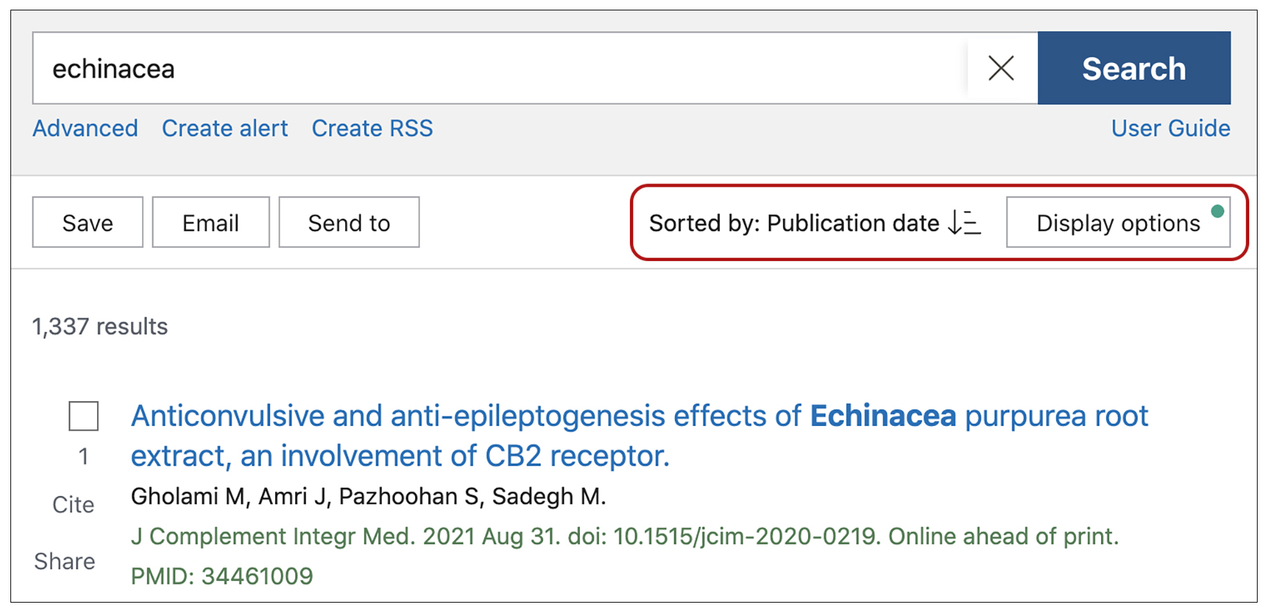 PubMed search with echinacea in the search bar and the words Sorted by publication date display options are circled.