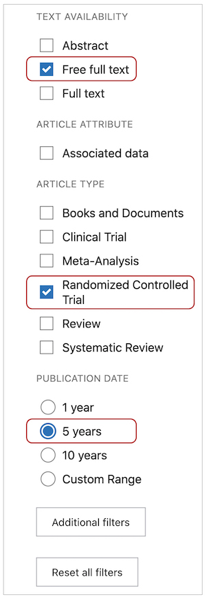 Filter in PubMed search showing free full text, randomized controlled trials, and 5 years circled