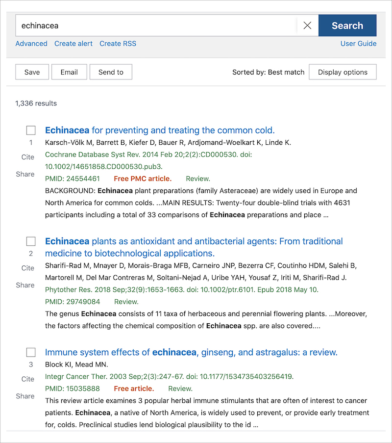 Results of a PubMed search for "echinacea"
