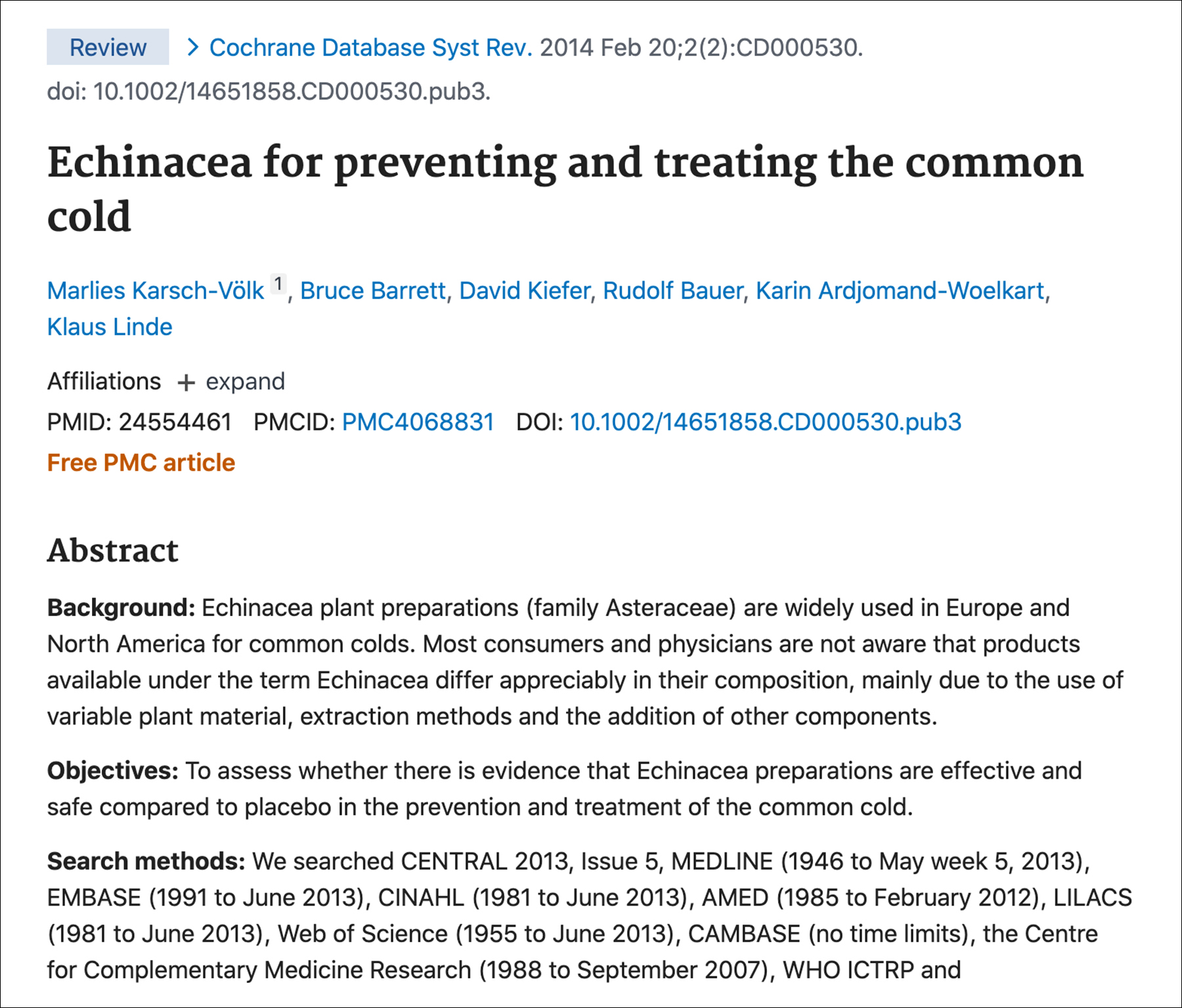 PubMed abstract of a study on echinacea