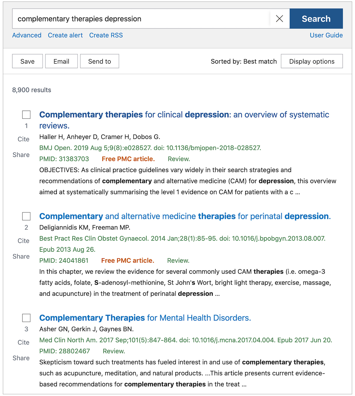 Results of a PubMed search for "complementary therapies depression"