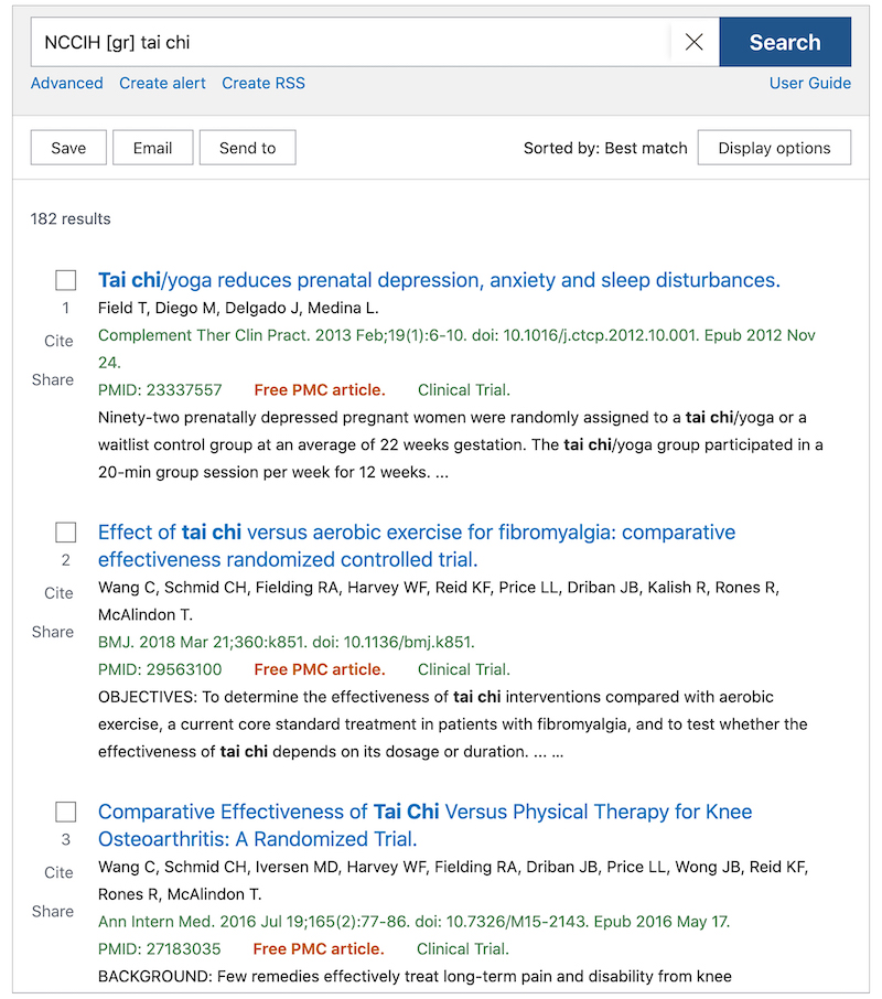 Results of a PubMed search for "NCCIH [gr] tai chi"