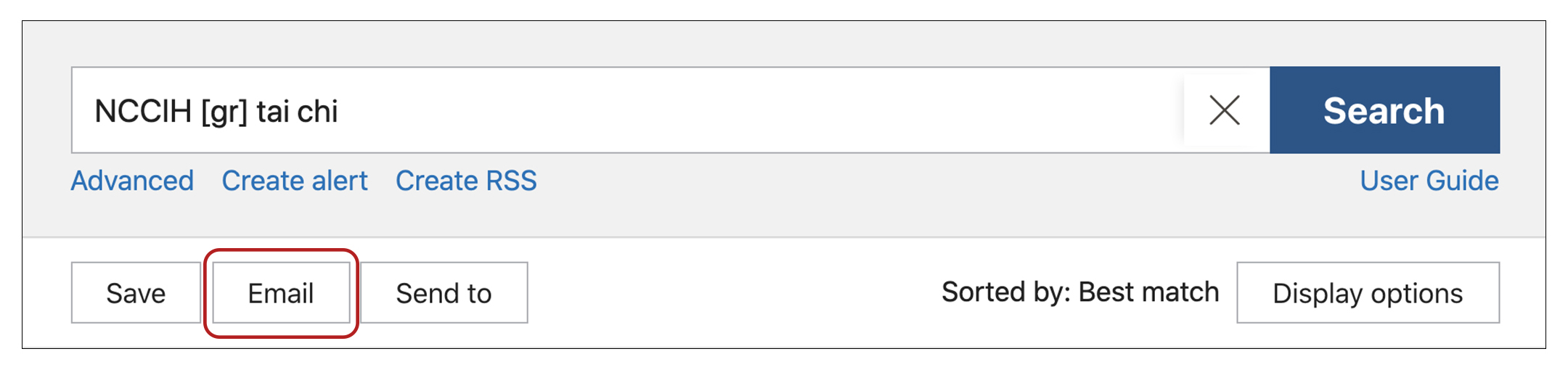 Circled box showing how to email a PubMed search