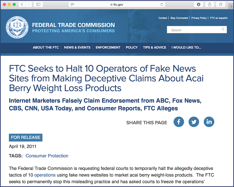 FTC headline: Fake News Sites Promote Bogus Weight Loss Benefits of Acai Berry Supplements
