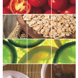 Collage of images displaying Carrots, Tomatos, Grains, Citrus, Tea, and Nuts.
