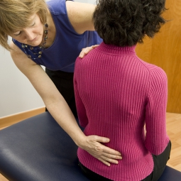 A practitioner examines a patients lower back.