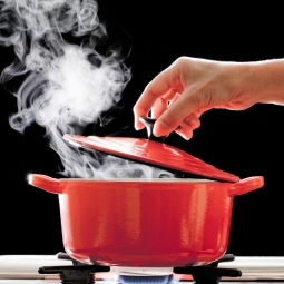 Steam being released from a red pot as a hand lifts the cover