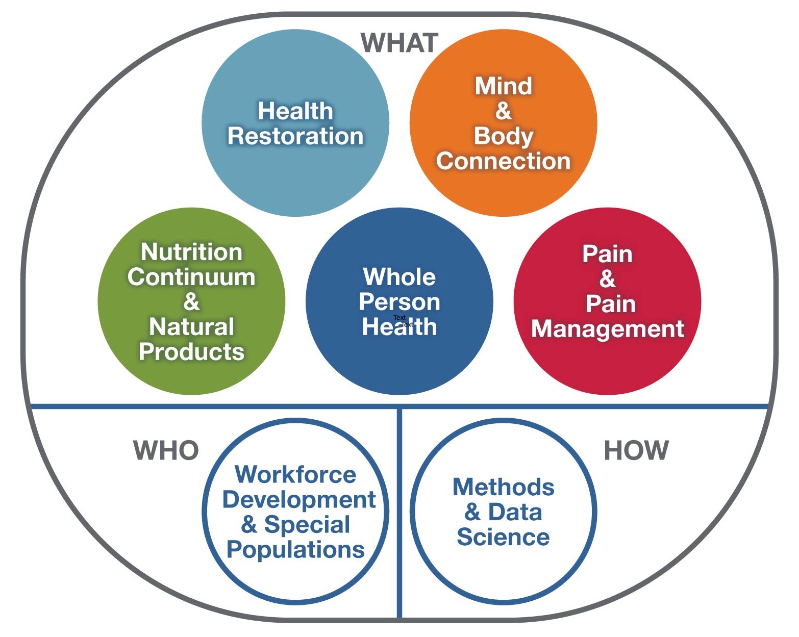 Image depicts seven main research themes, with Whole Person Health at the center and six circles surrounding it that show Pain and Pain Management; Mind and Body; Health Restoration; Nutrition Continuum and Natural Products; Workforce Development and Special Populations; and Methods and Data Science. 